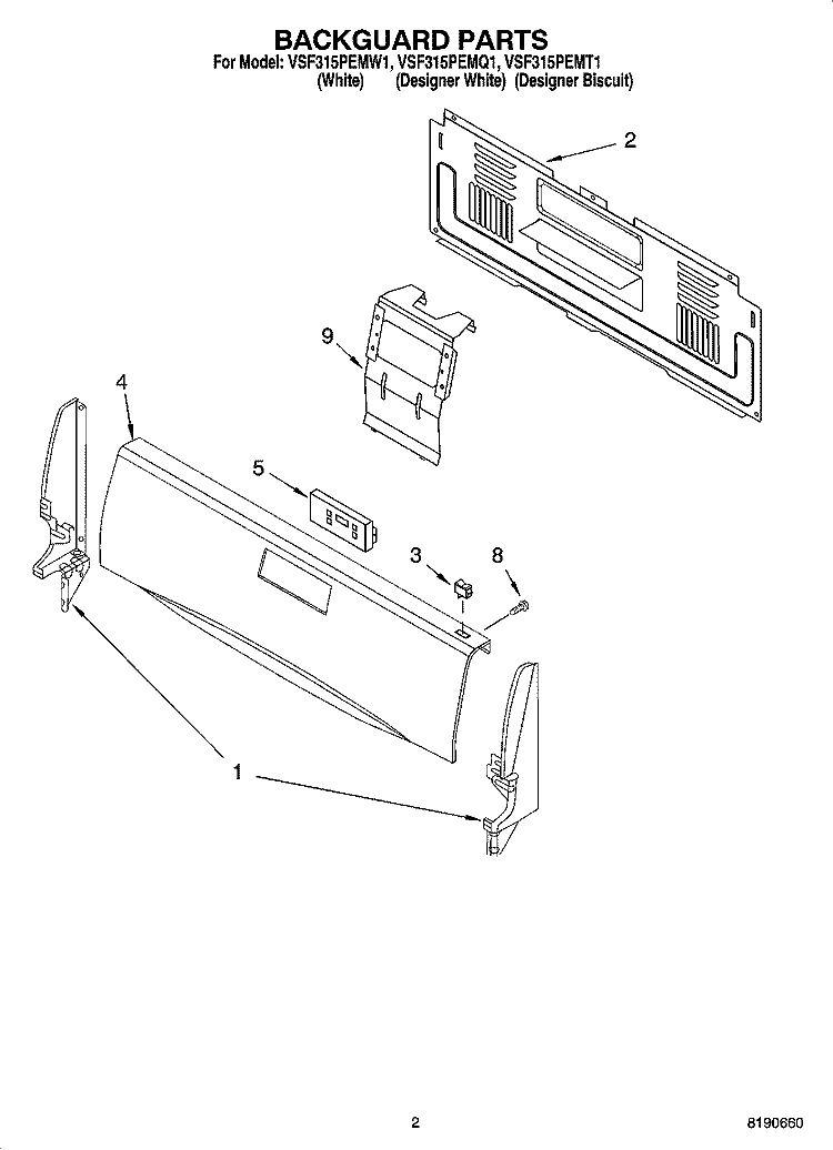 BACKGUARD PARTS Diagram and Parts List for VSF315PEMQ1  Whirlpool Range
