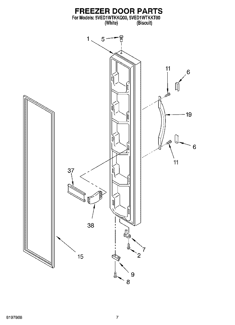 FREEZER DOOR Diagram and Parts List for 5VED1WTKKQ00  Whirlpool Refrigerator