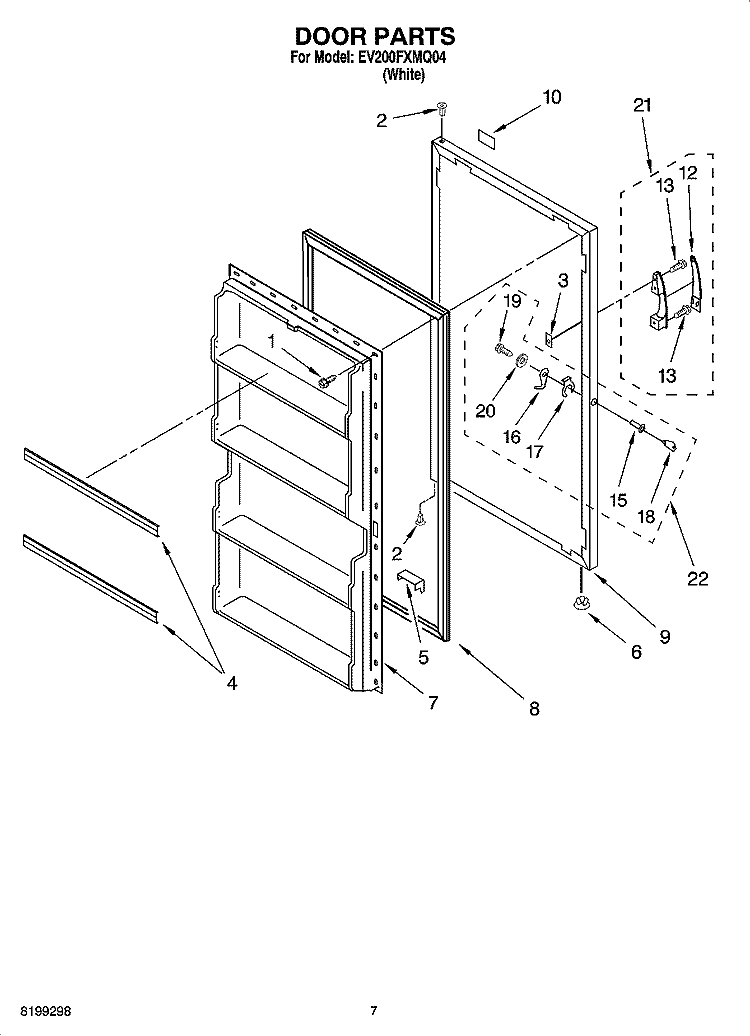 DOOR PARTS, OPTIONAL PARTS (NOT INCLUDED) Diagram and Parts List for EV200FXMQ04  Whirlpool Freezer