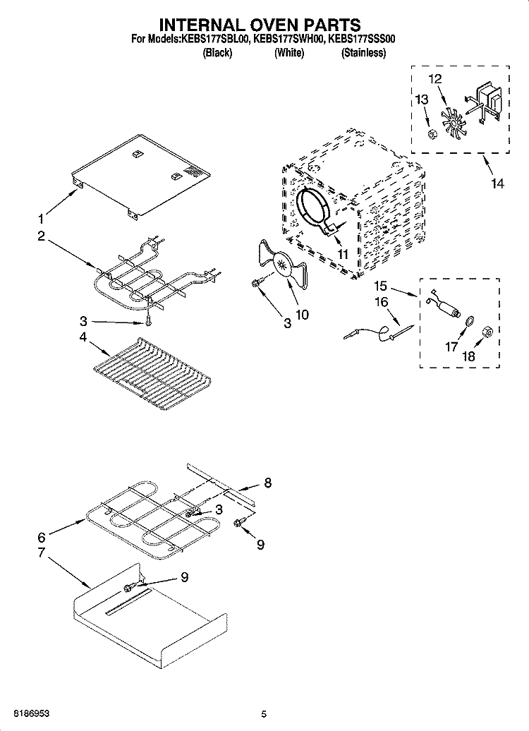 INTERNAL OVEN PARTS Diagram and Parts List for KEBS177SBL00  KitchenAid Wall Oven