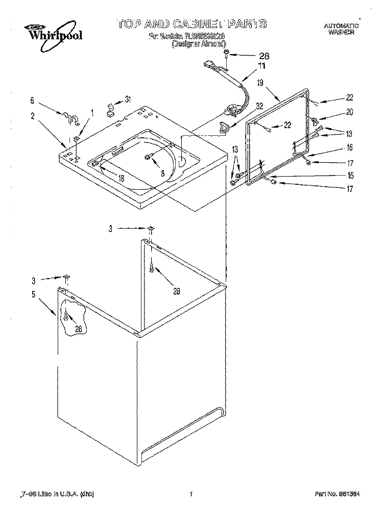 TOP AND CABINET Diagram and Parts List for 7LSR5233EZ0  Whirlpool Washer
