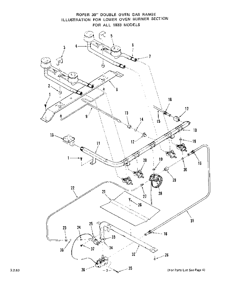 UPPER OVEN BURNER Diagram and Parts List for 1833W0A  Whirlpool Range