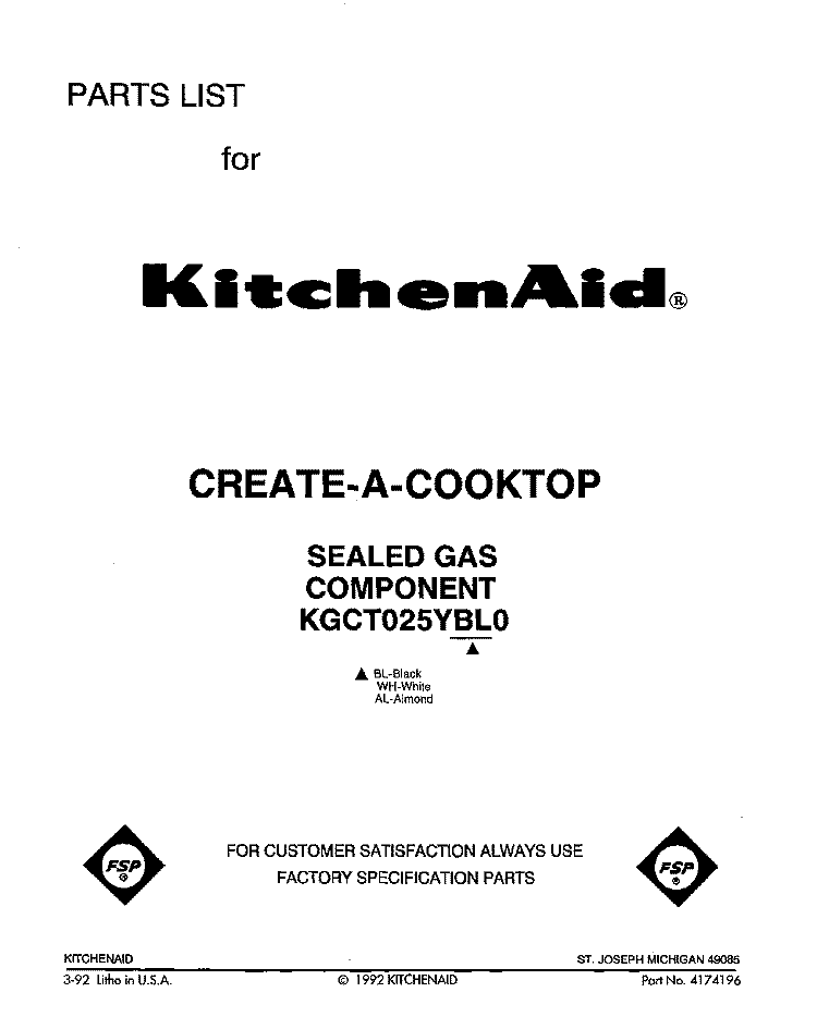 SECTION Diagram and Parts List for KGCT025YAL0  KitchenAid Cooktop