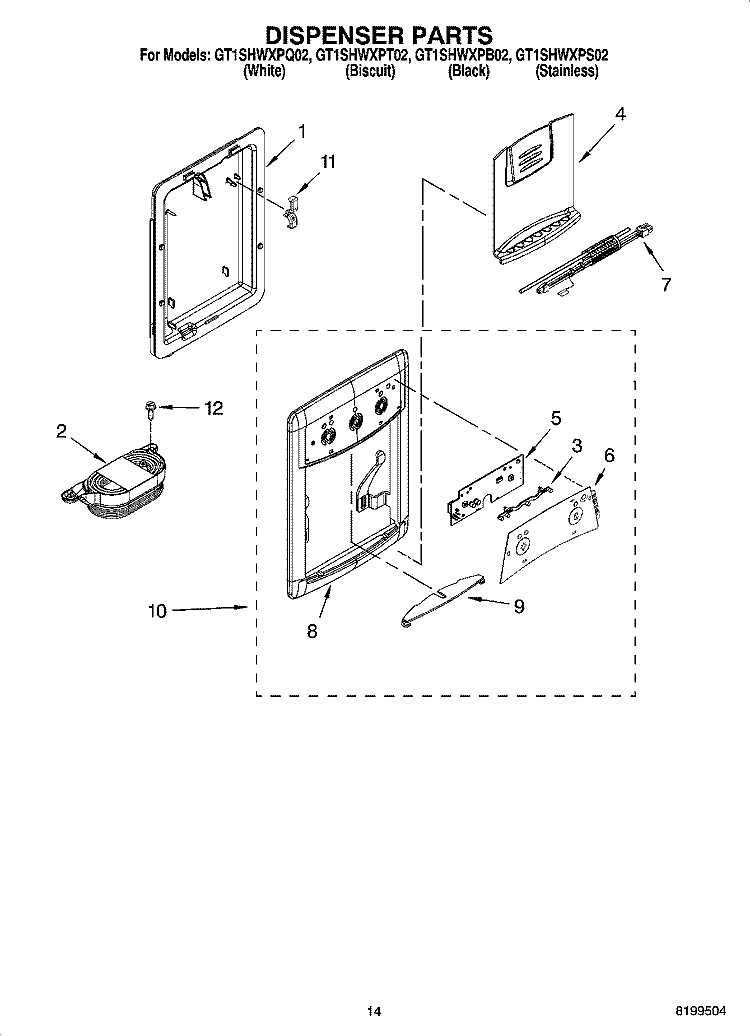DISPENSER PARTS, OPTIONAL PARTS Diagram and Parts List for GT1SHWXPS02  Whirlpool Refrigerator