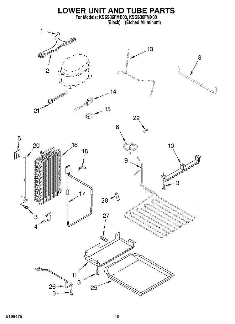 LOWER UNIT AND TUBE PARTS Diagram and Parts List for KSSS36FMX00  KitchenAid Refrigerator