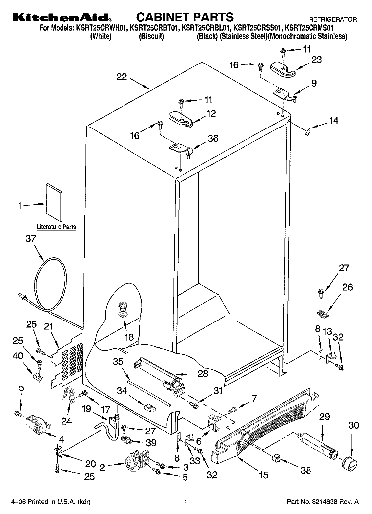 CABINET PARTS Diagram and Parts List for KSRT25CRMS01  KitchenAid Refrigerator
