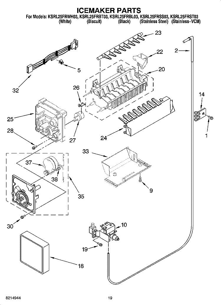 ICEMAKER PARTS, OPTIONAL PARTS (NOT INCLUDED) Diagram and Parts List for KSRL25FRWH03  KitchenAid Refrigerator