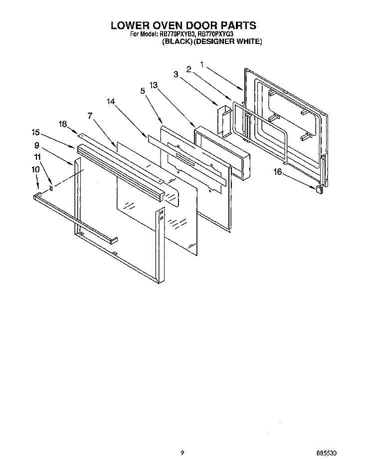 LOWER OVEN DOOR Diagram and Parts List for RB770PXYQ3  Whirlpool Wall Oven