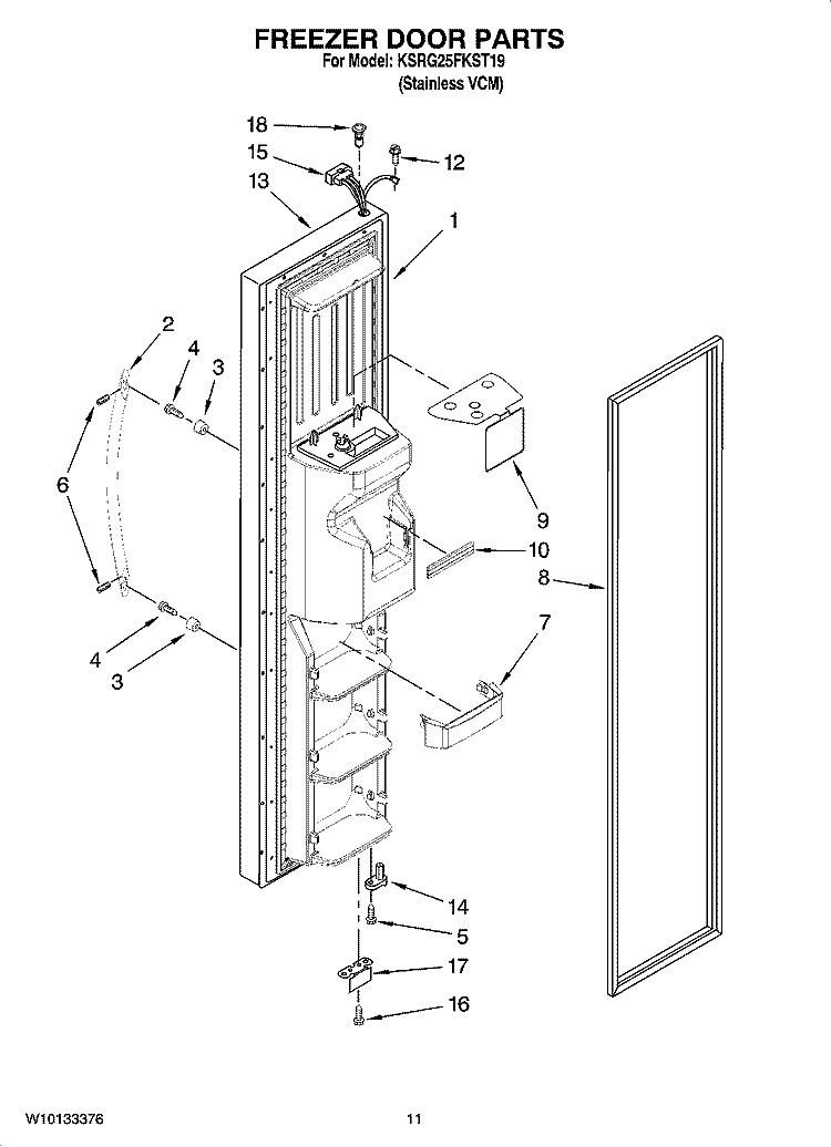 FREEZER DOOR PARTS Diagram and Parts List for KSRG25FKST19  KitchenAid Refrigerator