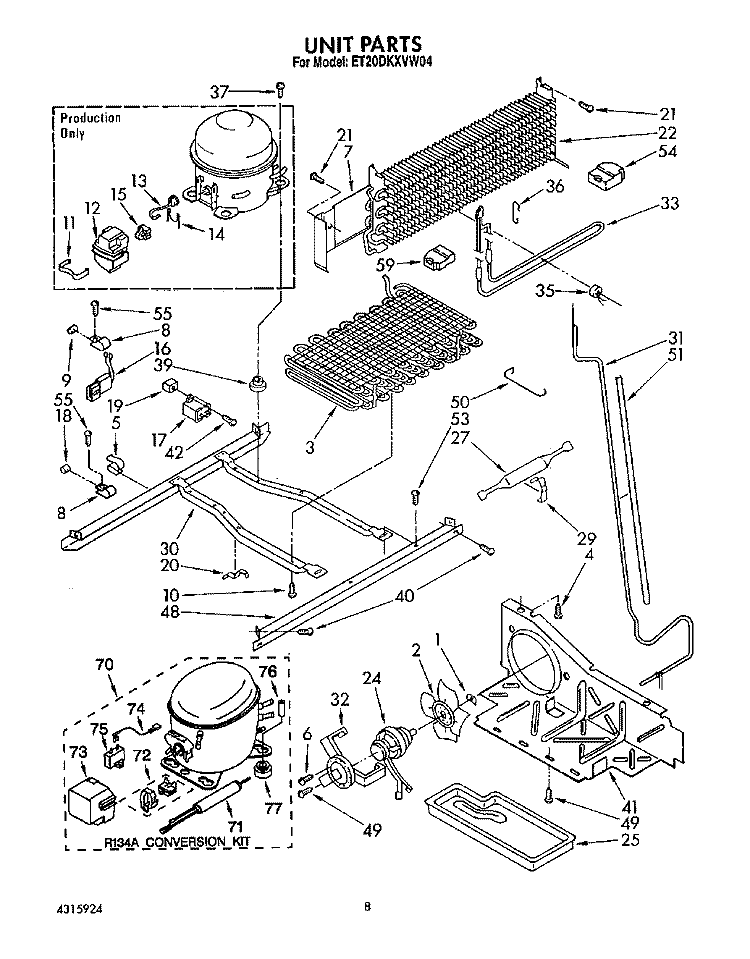 UNIT Diagram and Parts List for ET20DKXVW04  Whirlpool Refrigerator