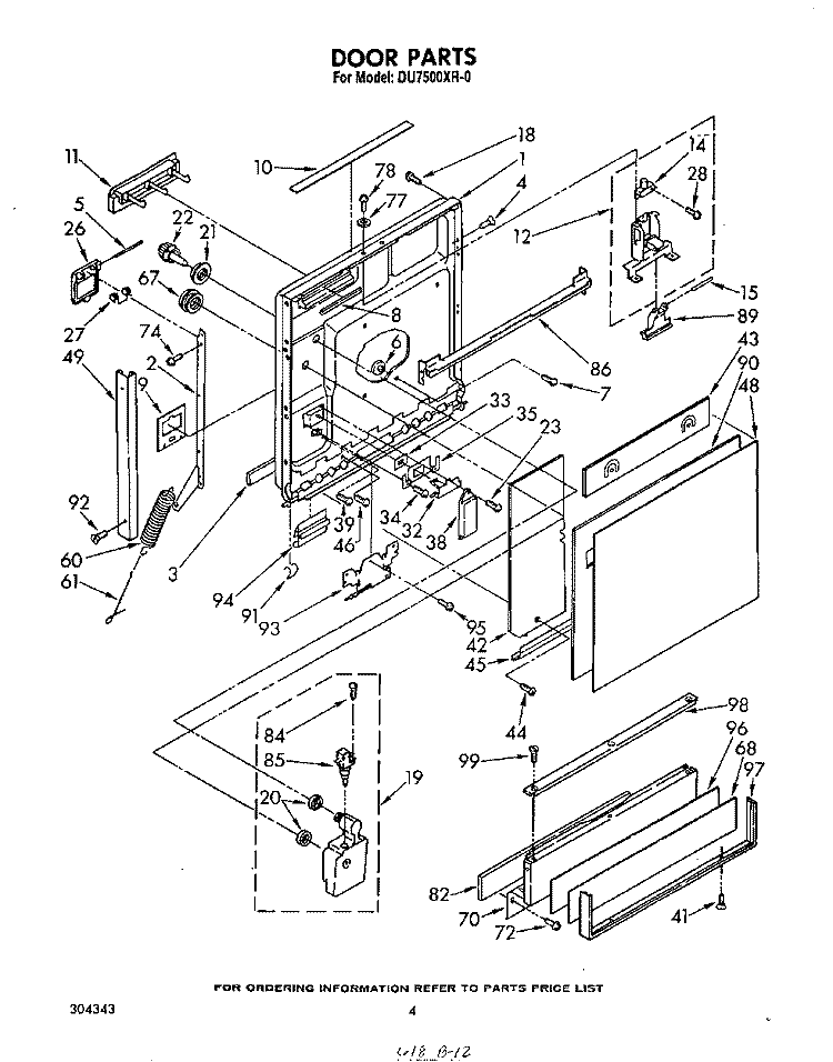 DOOR Diagram and Parts List for DU7500XR0  Whirlpool Dishwasher