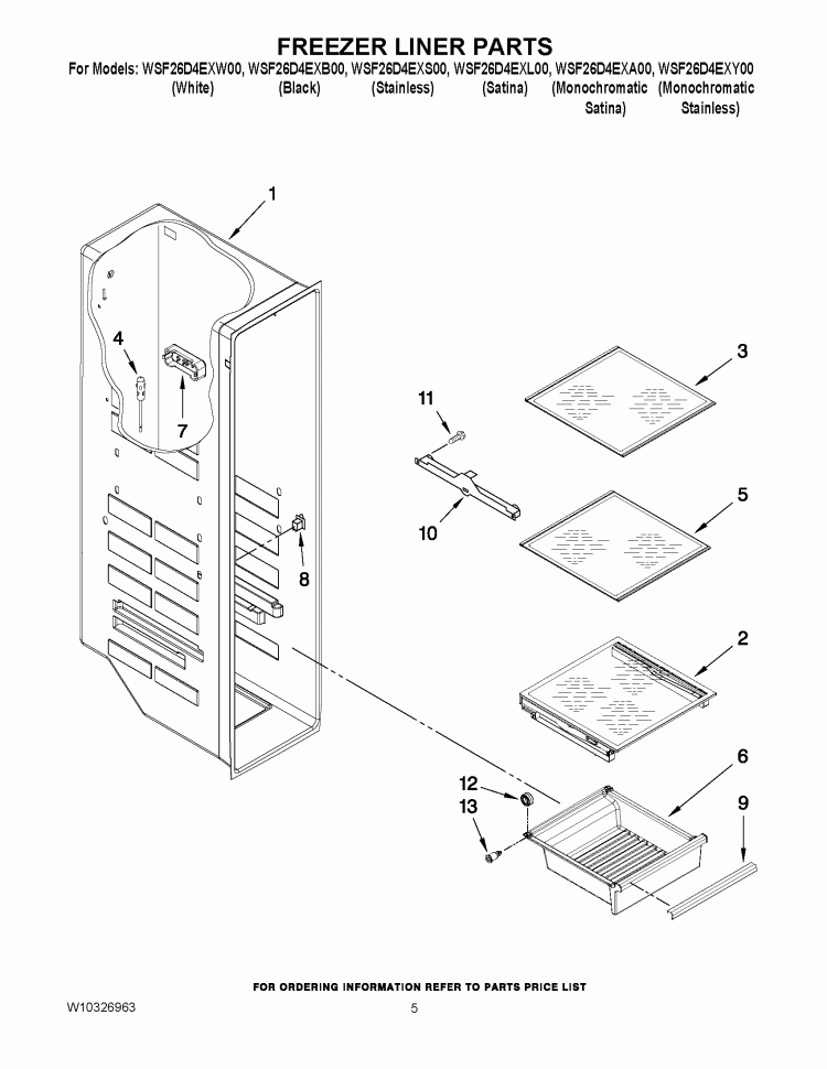 FREEZER LINER PARTS Diagram and Parts List for WSF26D4EXA00  Whirlpool Refrigerator