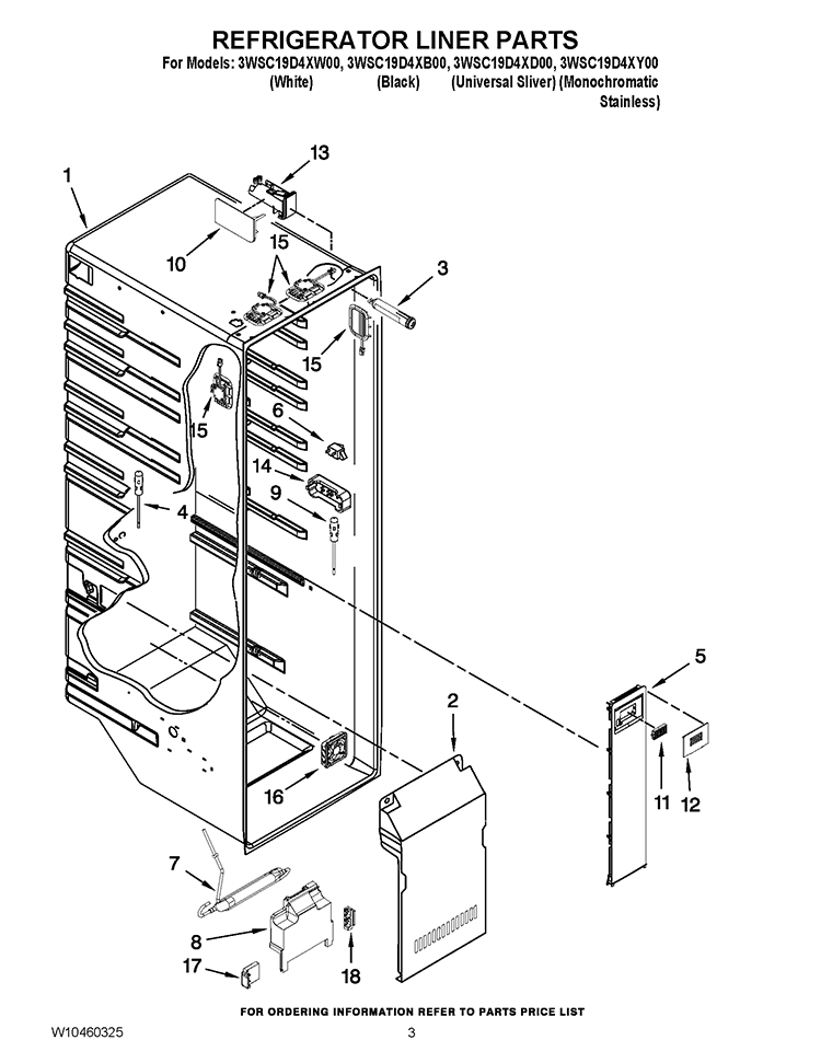 REFRIGERATOR LINER PARTS Diagram and Parts List for 3WSC19D4XB00  Whirlpool Refrigerator