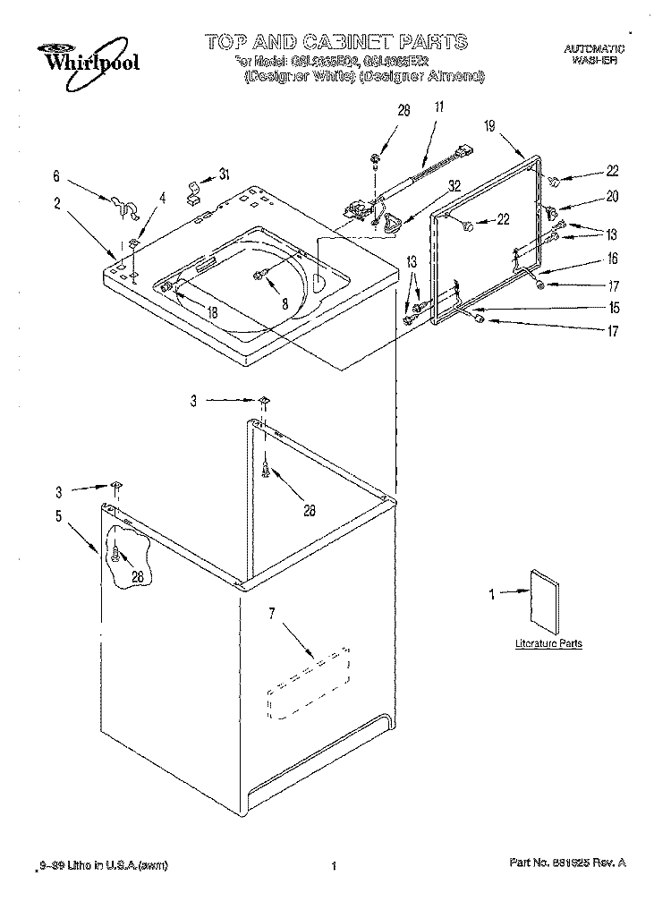 TOP AND CABINET, LITERATURE Diagram and Parts List for GSL9365EQ2  Whirlpool Washer