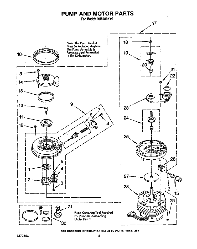 PUMP AND MOTOR Diagram and Parts List for DU8700XY0  Whirlpool Dishwasher