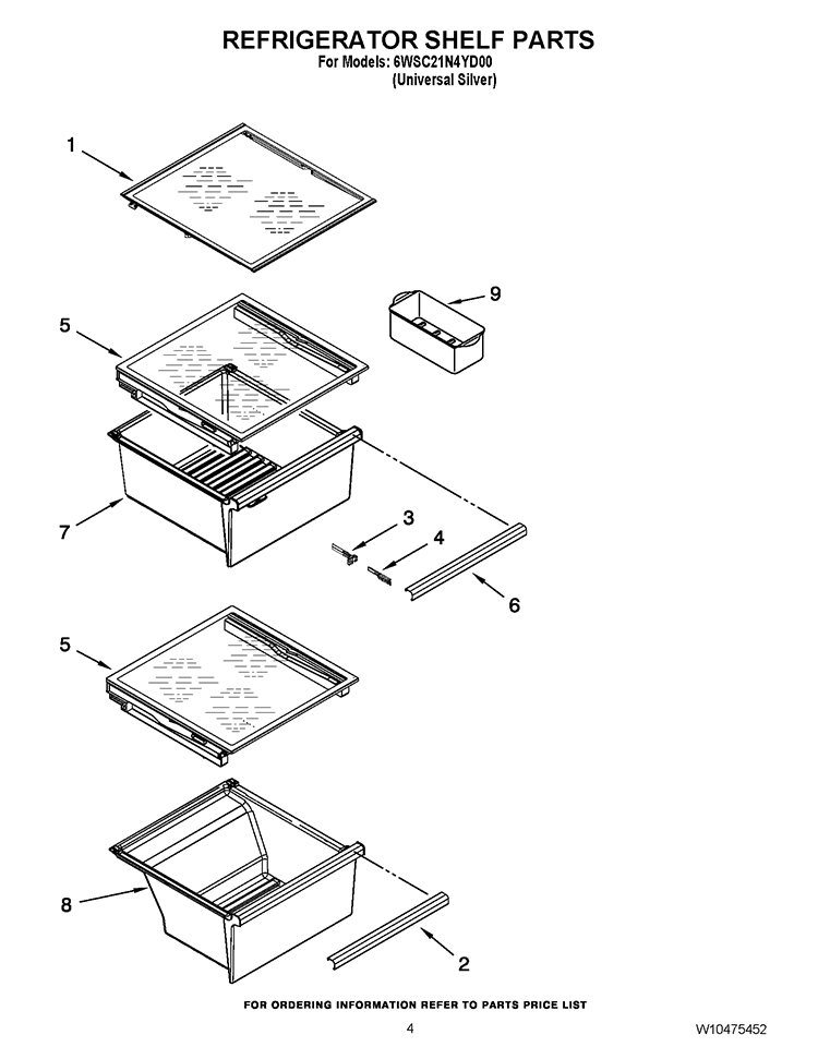 REFRIGERATOR SHELF PARTS Diagram and Parts List for 6WSC21N4YD00  Whirlpool Refrigerator