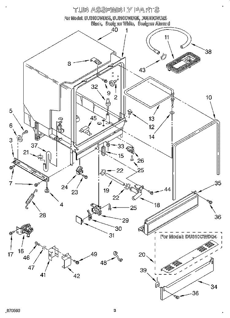 TUB ASSEMBLY Diagram and Parts List for DU810CWDB5  Whirlpool Dishwasher
