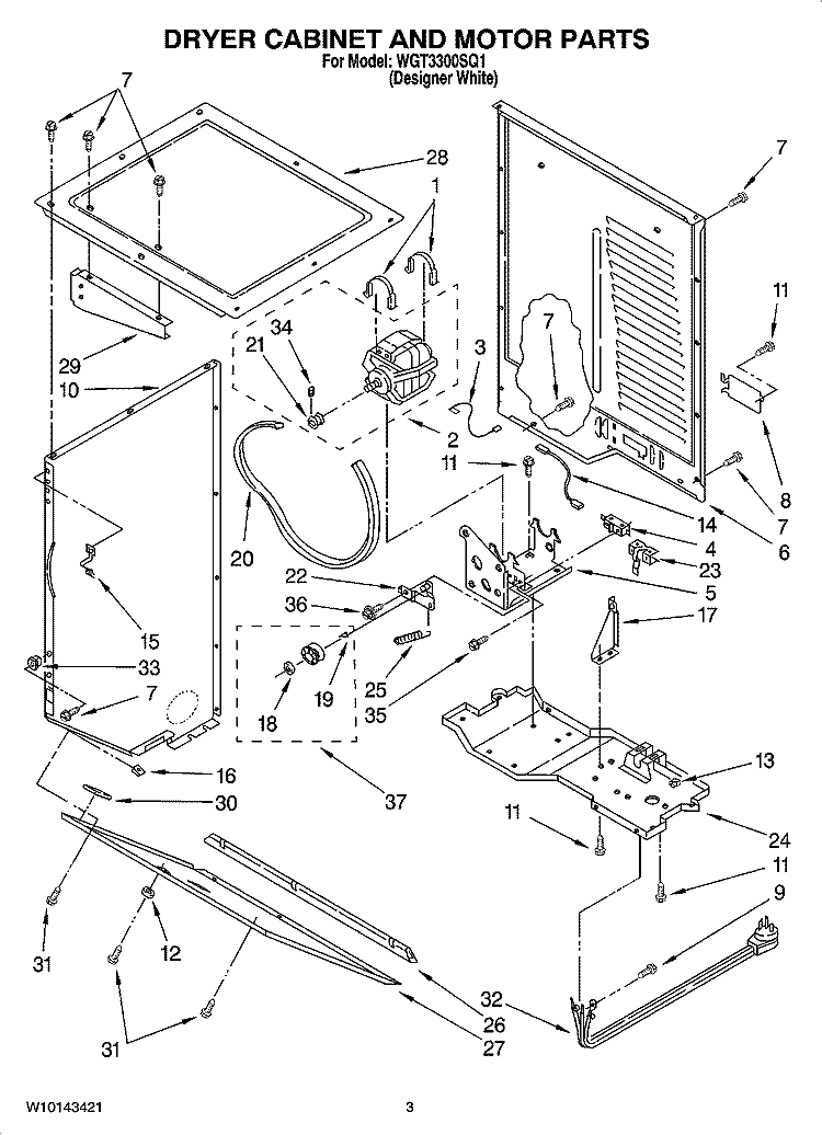 DRYER CABINET AND MOTOR PARTS Diagram and Parts List for WGT3300SQ1  Whirlpool Washer Dryer Combo
