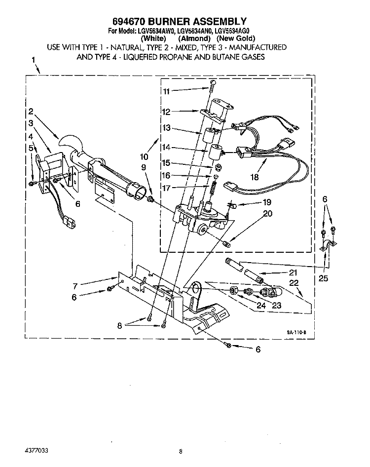 BURNER ASSEMBLY 694670 Diagram and Parts List for LGV5634AN0  Whirlpool Dryer