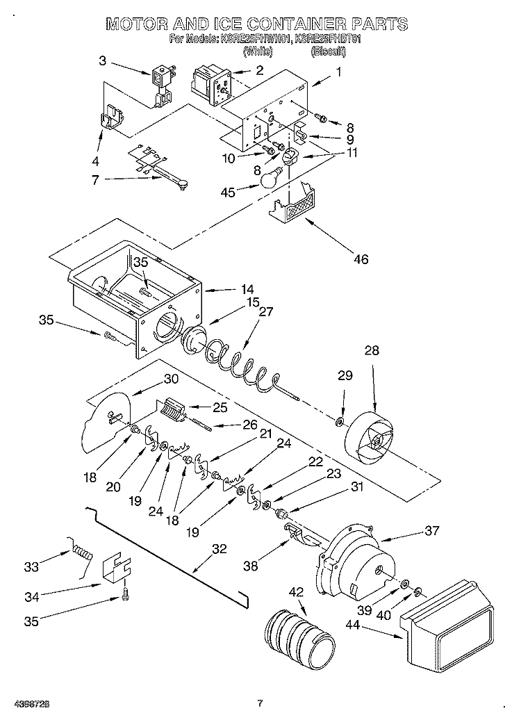 MOTOR AND ICE CONTAINER Diagram and Parts List for KSRE25FHBT01  KitchenAid Refrigerator