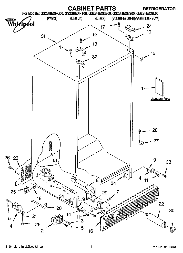 CABINET PARTS Diagram and Parts List for GS2SHEXNS00  Whirlpool Refrigerator