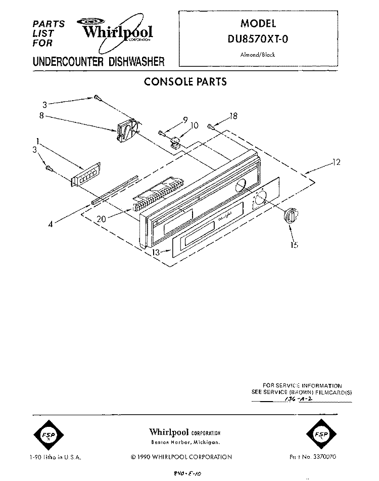 CONSOLE Diagram and Parts List for DU8570XT0  Whirlpool Dishwasher