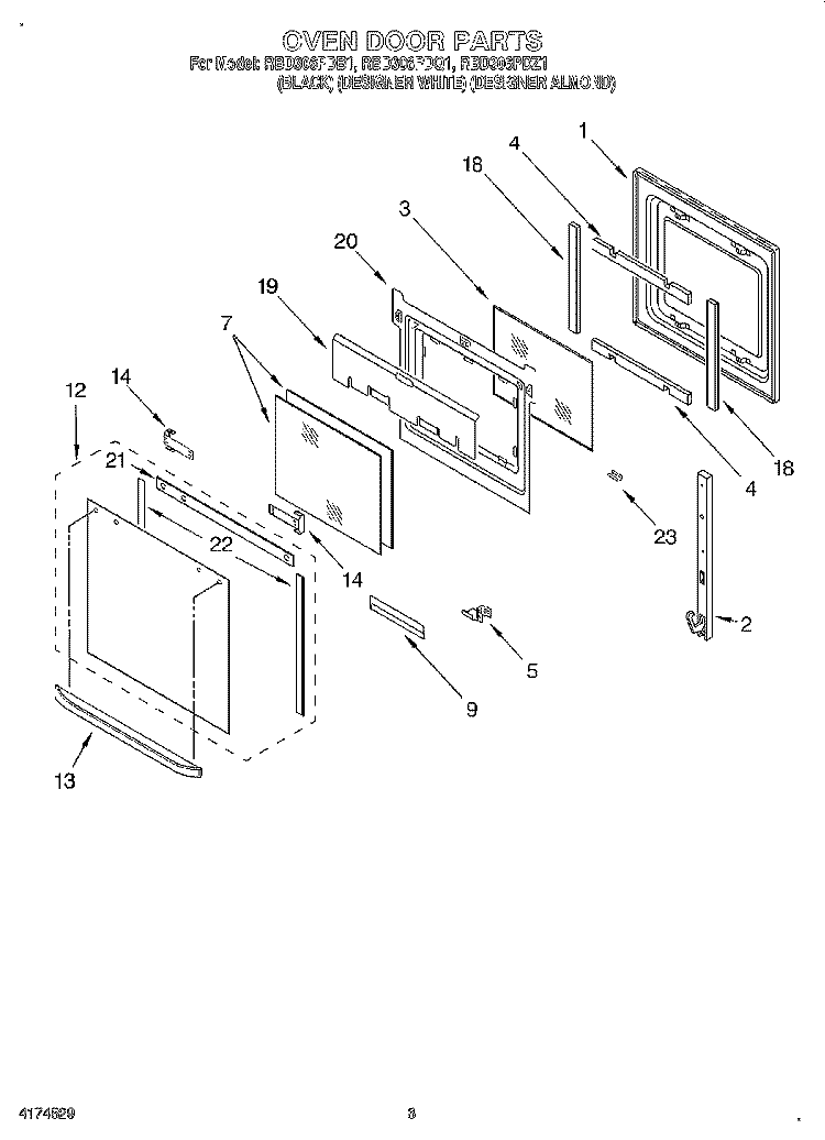 OVEN DOOR Diagram and Parts List for RBD306PDQ1  Whirlpool Wall Oven