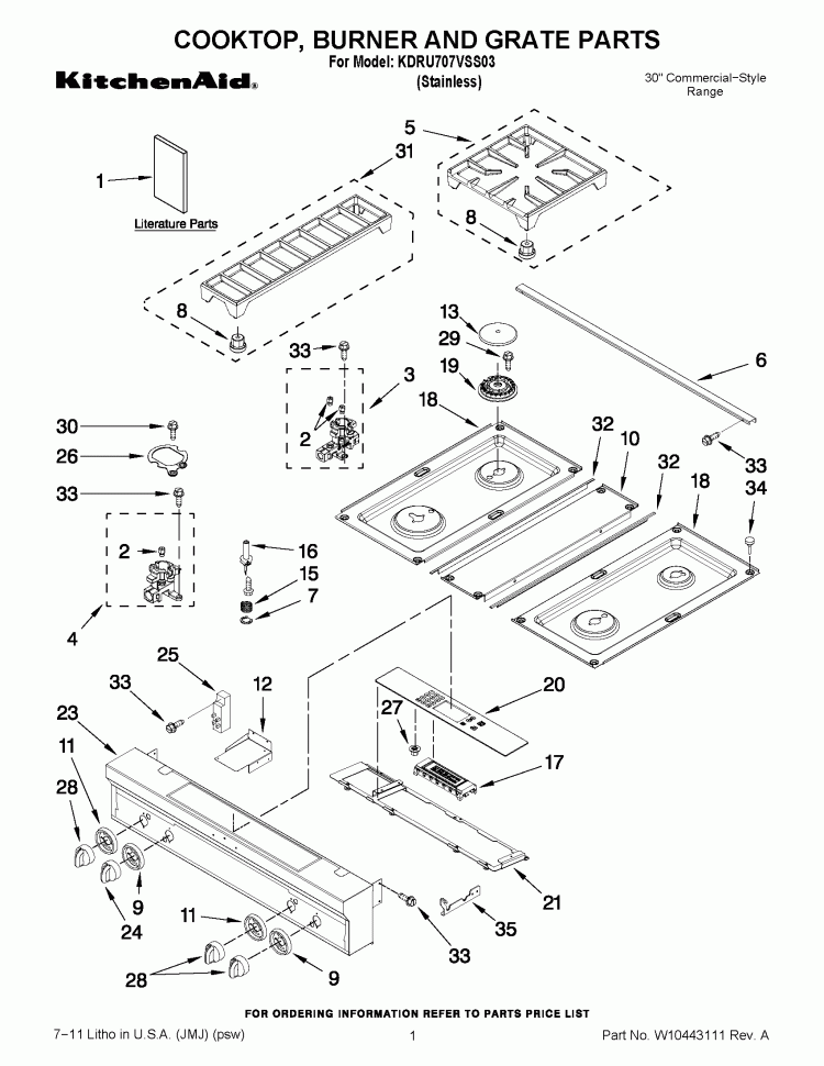 COOKTOP, BURNER AND GRATE PARTS Diagram and Parts List for KDRU707VSS03  KitchenAid Range