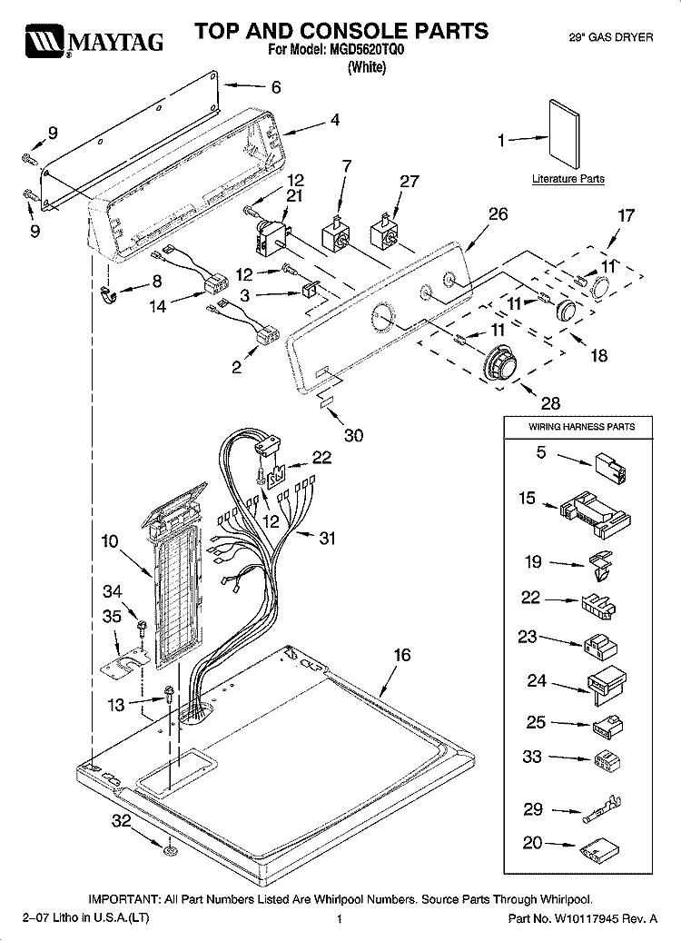 TOP AND CONSOLE PARTS Diagram and Parts List for MGD5620TQ0  Maytag Dryer