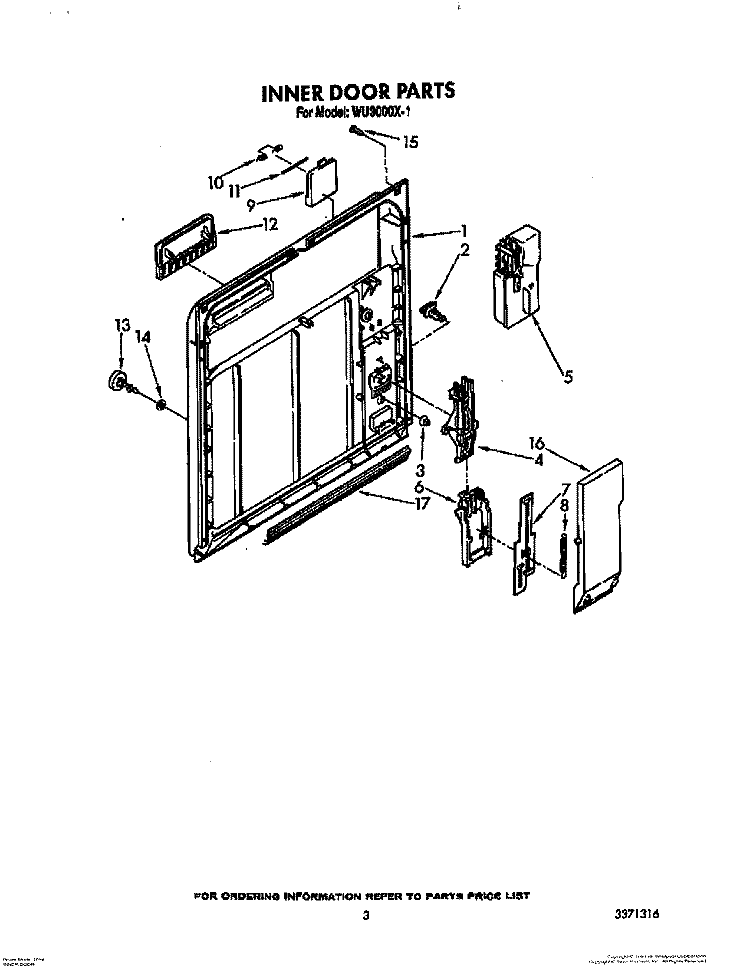 INNER DOOR Diagram and Parts List for WU3000X1  Roper Dishwasher