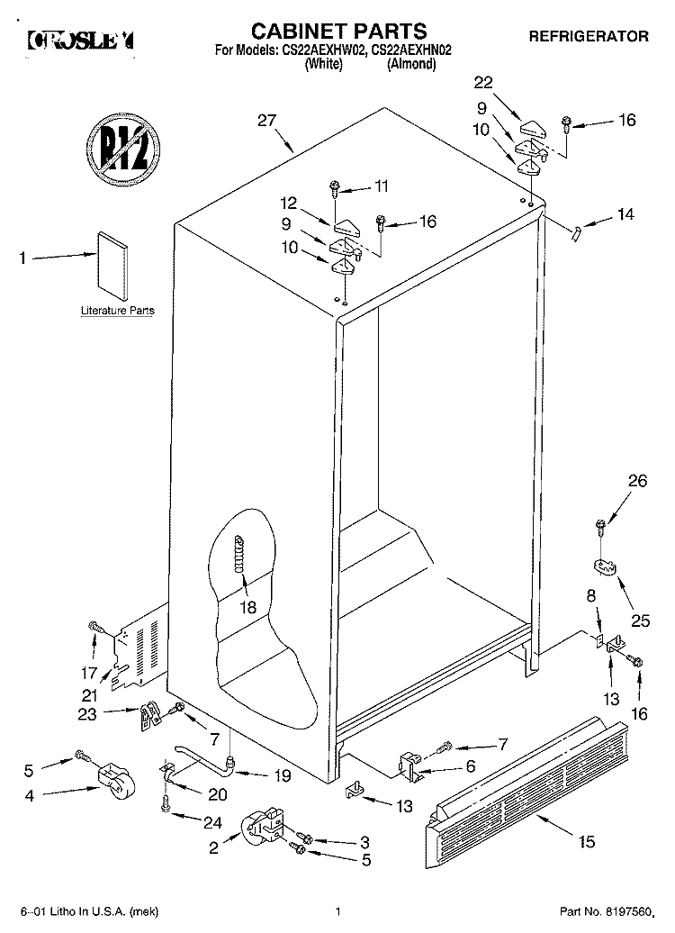 CABINET, LITERATURE Diagram and Parts List for CS22AEXHN02  Crosley Refrigerator