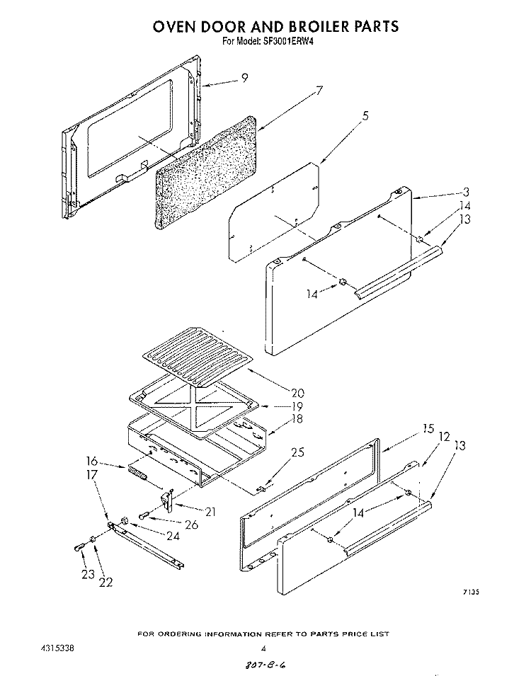 OVEN DOOR AND BROILER Diagram and Parts List for SF3001ERW4  Whirlpool Range