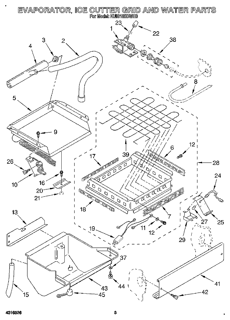 EVAPORATOR, ICE CUTTER GRID AND WATER Diagram and Parts List for KUIS185DWH0  KitchenAid Ice Maker