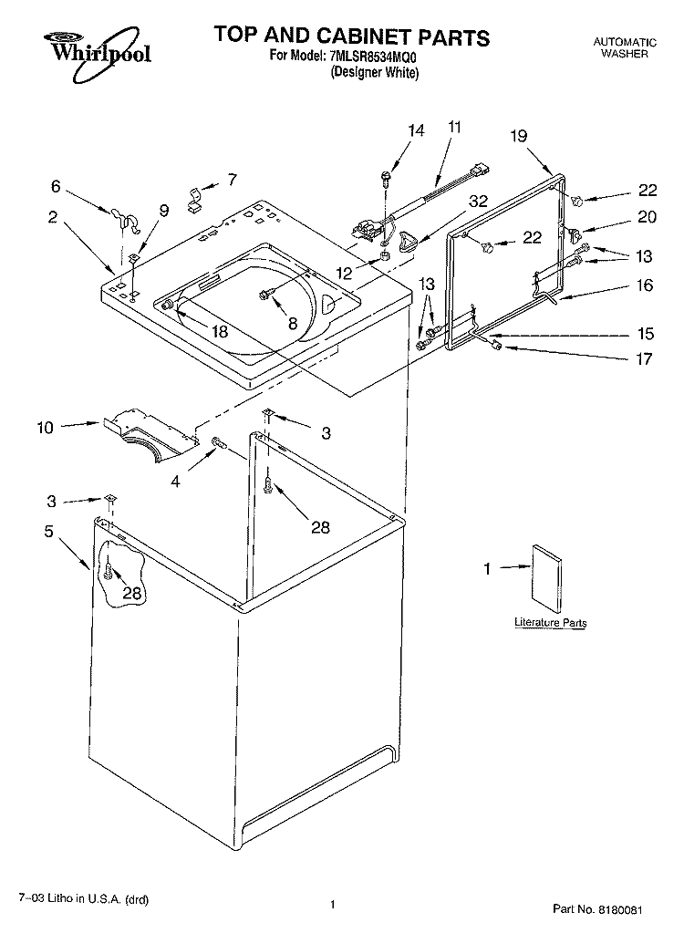 TOP AND CABINET PARTS Diagram and Parts List for 7MLSR8534MQ0  Whirlpool Washer