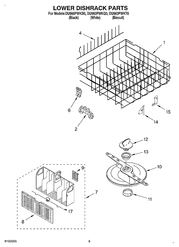 LOWER DISHRACK Diagram and Parts List for DU960PWKT0  Whirlpool Dishwasher
