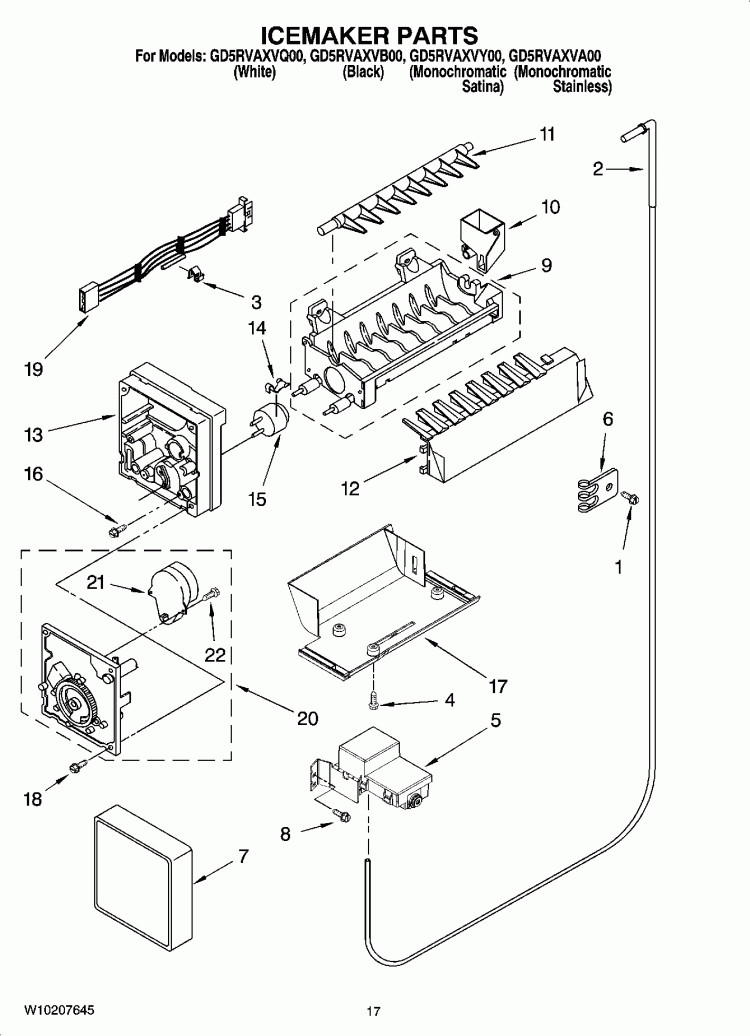 ICEMAKER PARTS Diagram and Parts List for GD5RVAXVB00  Whirlpool Refrigerator