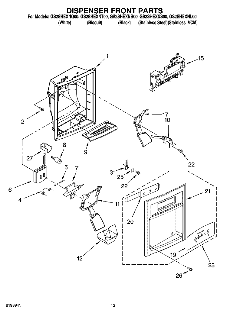 DISPENSER FRONT PARTS Diagram and Parts List for GS2SHEXNS00  Whirlpool Refrigerator