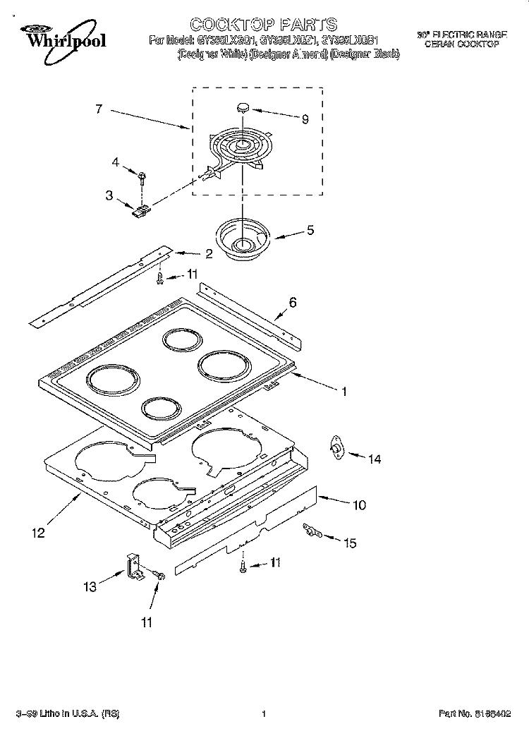 COOKTOP Diagram and Parts List for GY395LXGB1  Whirlpool Range