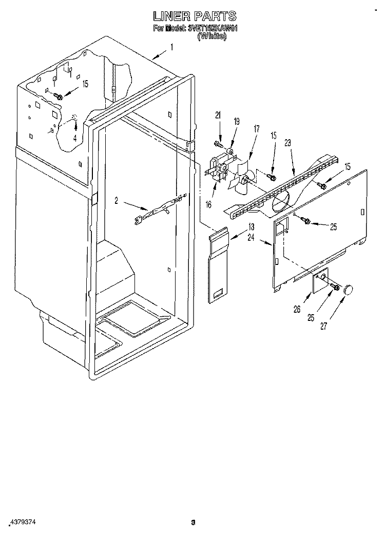 LINER Diagram and Parts List for 3VET19ZKAW01  Whirlpool Refrigerator