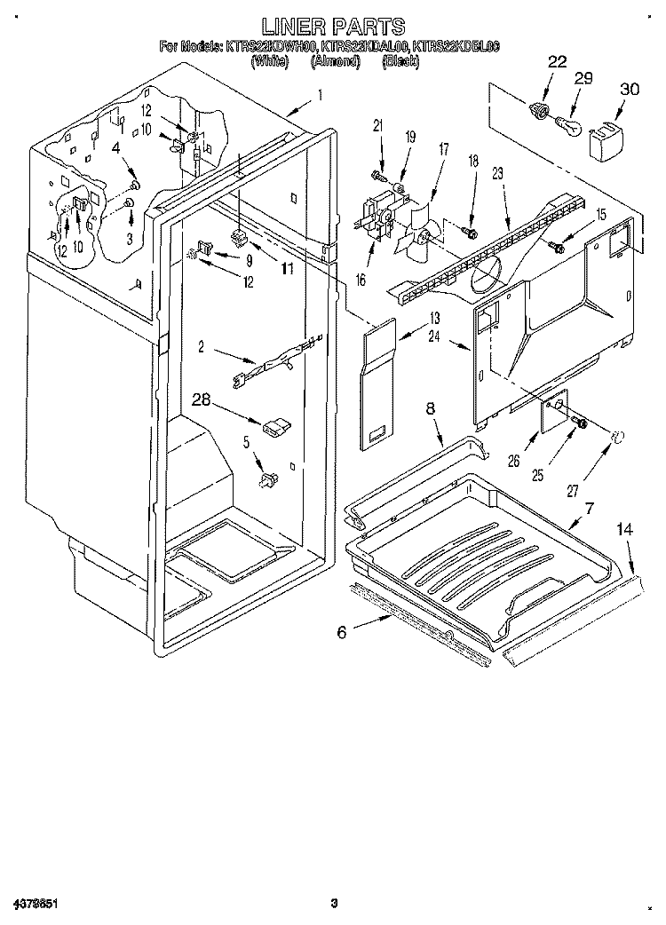 LINER Diagram and Parts List for KTRS22KDWH00  KitchenAid Refrigerator