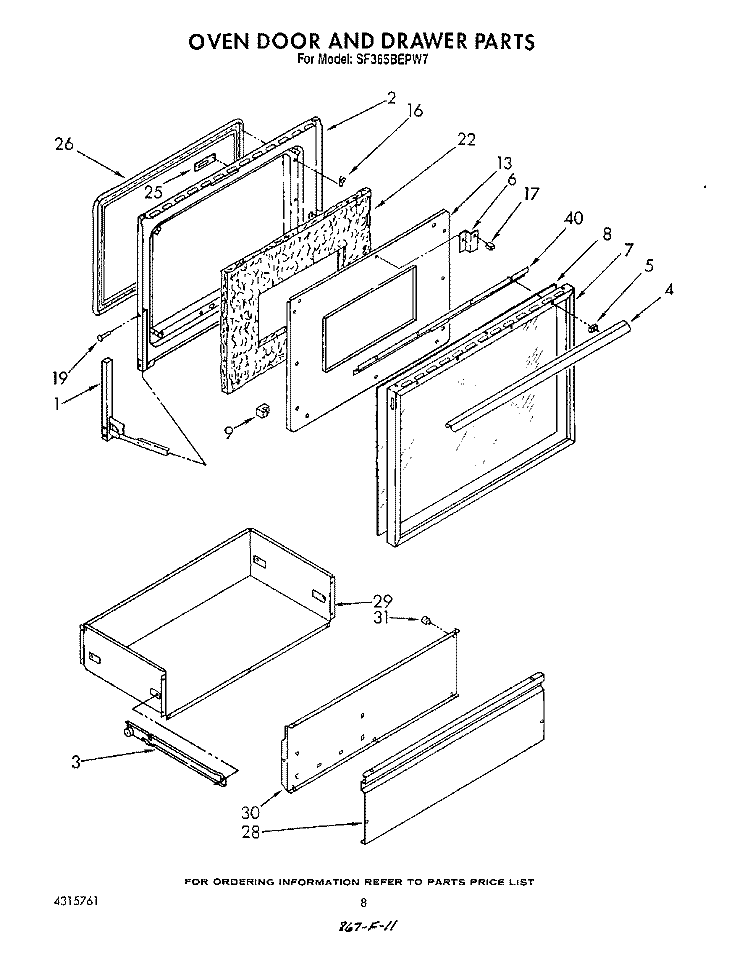 OVEN DOOR AND DRAWER Diagram and Parts List for SF365BEPW7  Whirlpool Range