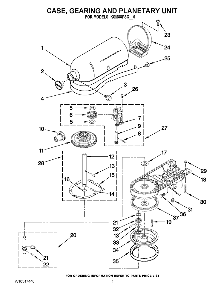 CASE, GEARING AND PLANETARY UNIT Diagram and Parts List for KSM88PSQPT0  KitchenAid Mixer