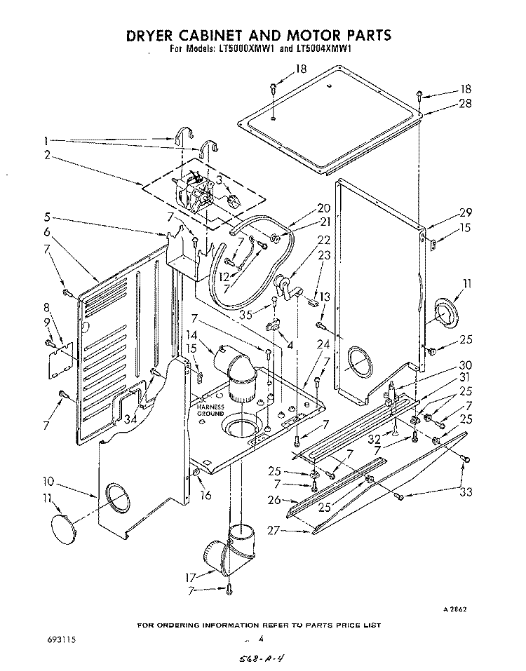 DRYER CABINET AND MOTOR Diagram and Parts List for LT5000XMW1  Whirlpool Washer Dryer Combo