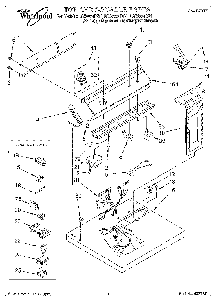 TOP AND CONSOLE, LIT/OPTIONAL Diagram and Parts List for LGR6634DZ1  Whirlpool Dryer