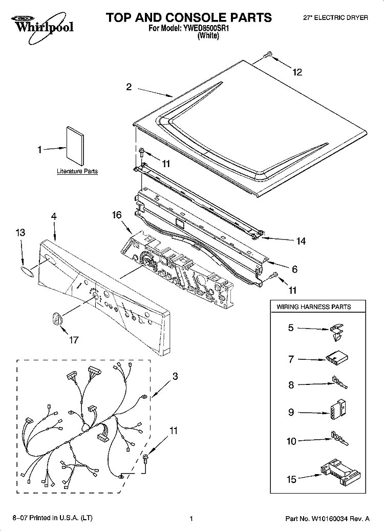 TOP AND CONSOLE PARTS Diagram and Parts List for YWED8500SR1  Whirlpool Dryer