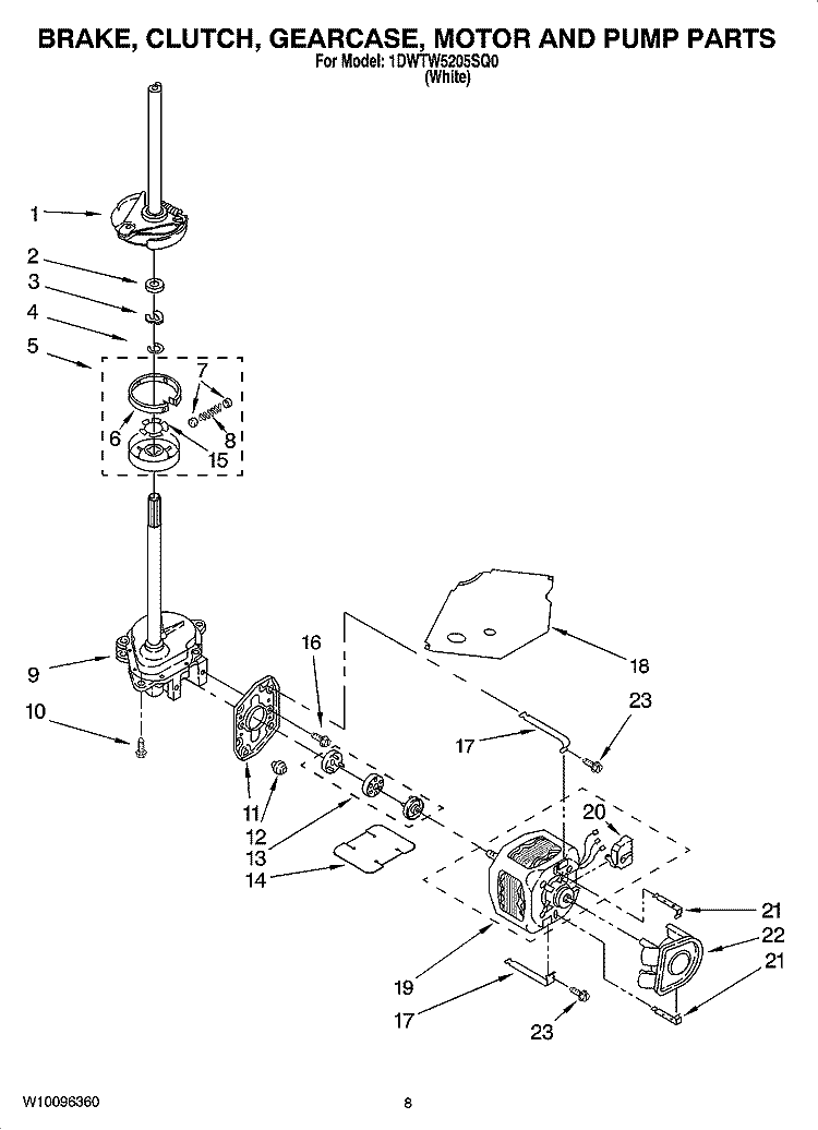 BRAKE, CLUTCH, GEARCASE, MOTOR AND PUMP PARTS Diagram and Parts List for 1DWTW5205SQ0  Whirlpool Washer