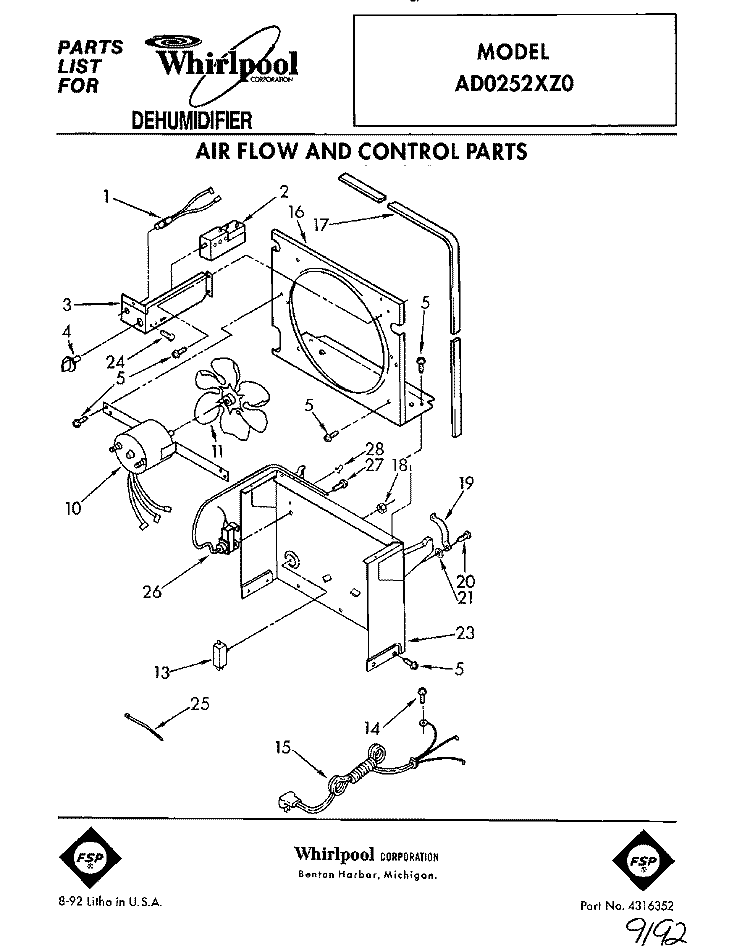 AIR FLOW AND CONTROL Diagram and Parts List for AD0252XZ0  Whirlpool Dehumidifier