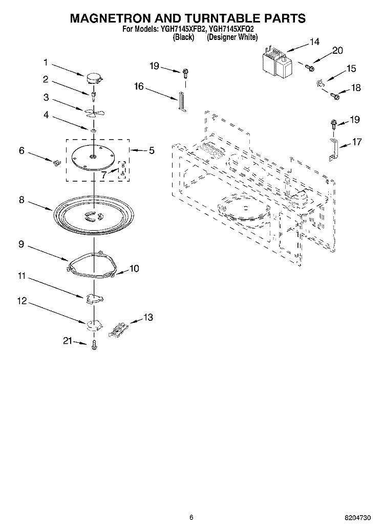 MAGNETRON AND TURNTABLE PARTS Diagram and Parts List for YGH7145XFB2  Whirlpool Microwave
