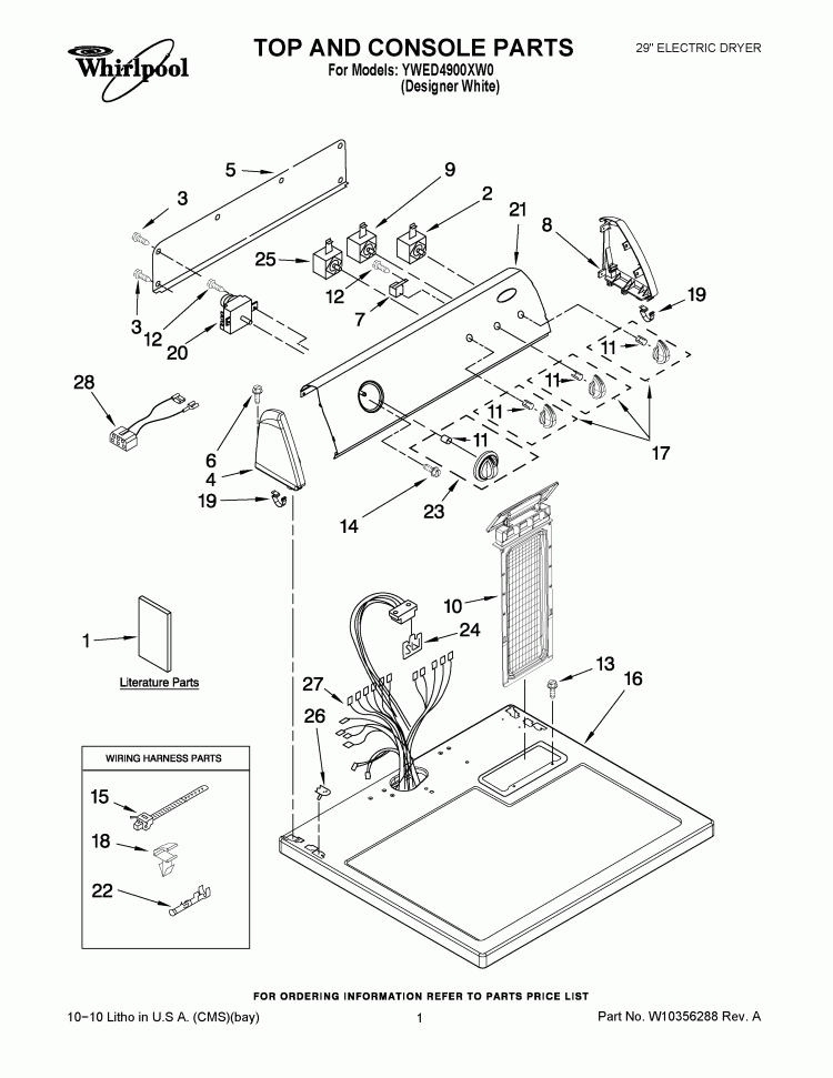 TOP AND CONSOLE PARTS Diagram and Parts List for YWED4900XW0  Whirlpool Dryer