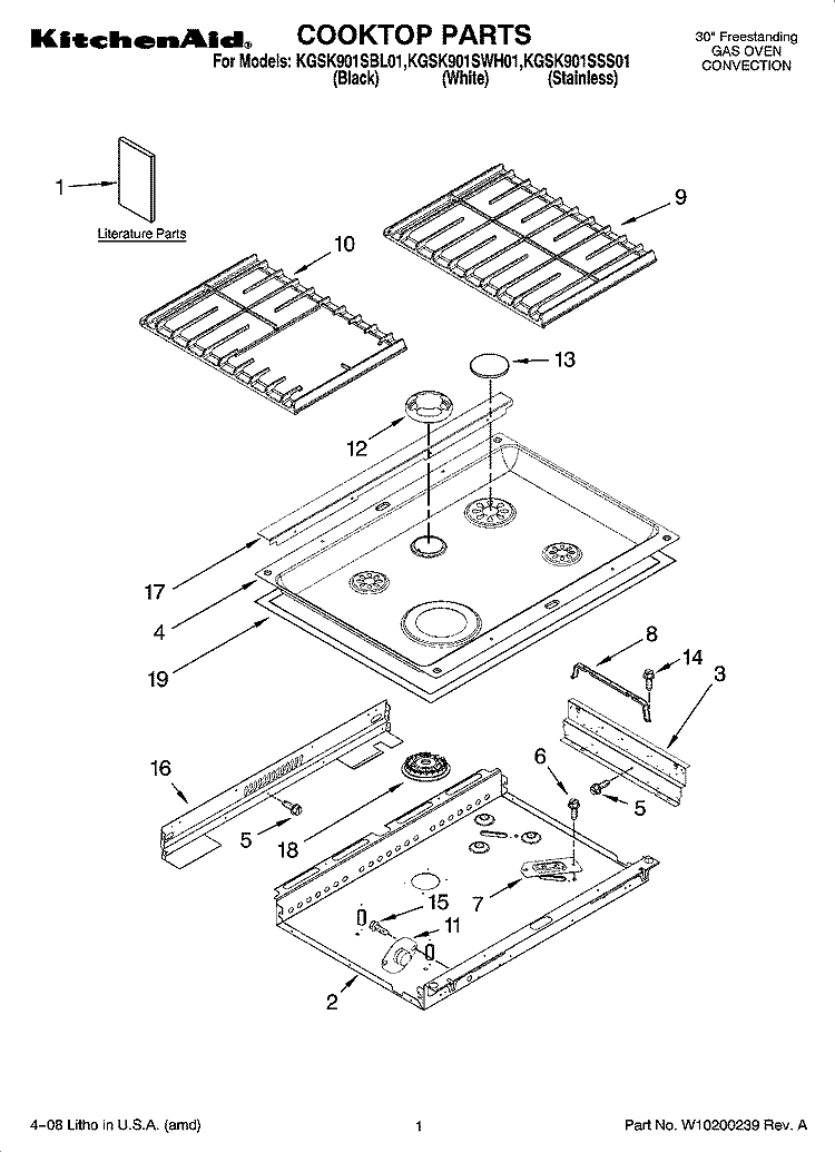 COOKTOP PARTS Diagram and Parts List for KGSK901SBL01  KitchenAid Range
